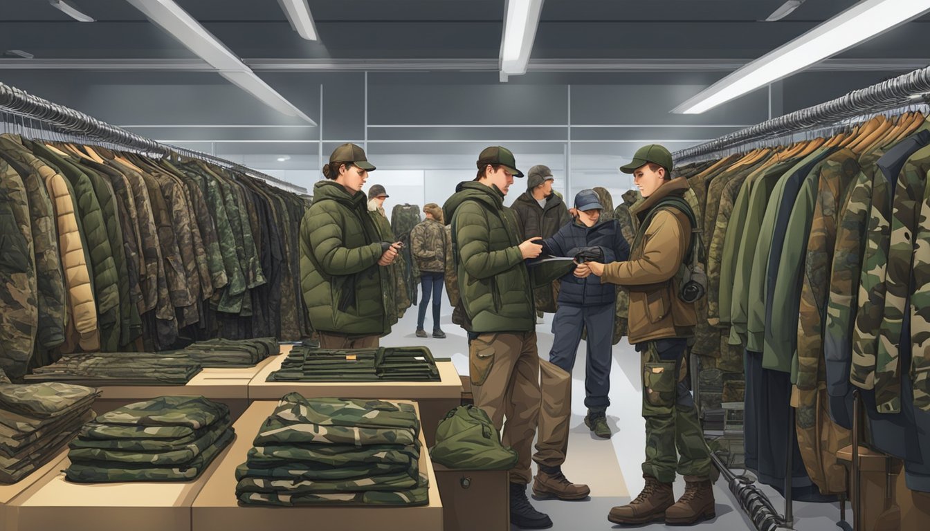 A group of young hunters browse through racks of camouflage clothing at a sale event, surrounded by hunting gear and accessories