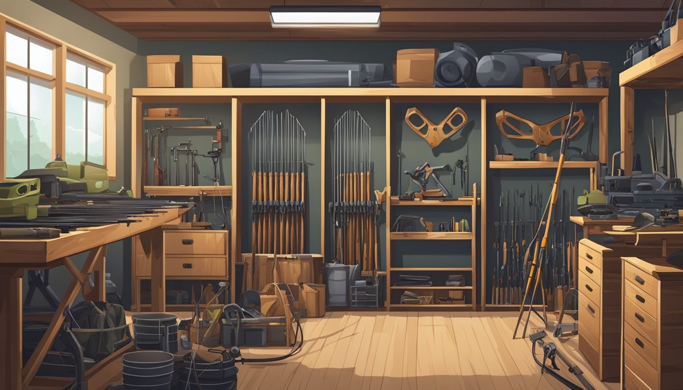 A youth hunting compound bow is stored in a maintenance workshop, surrounded by tools and equipment. It is being prepared for transportation to a hunting location