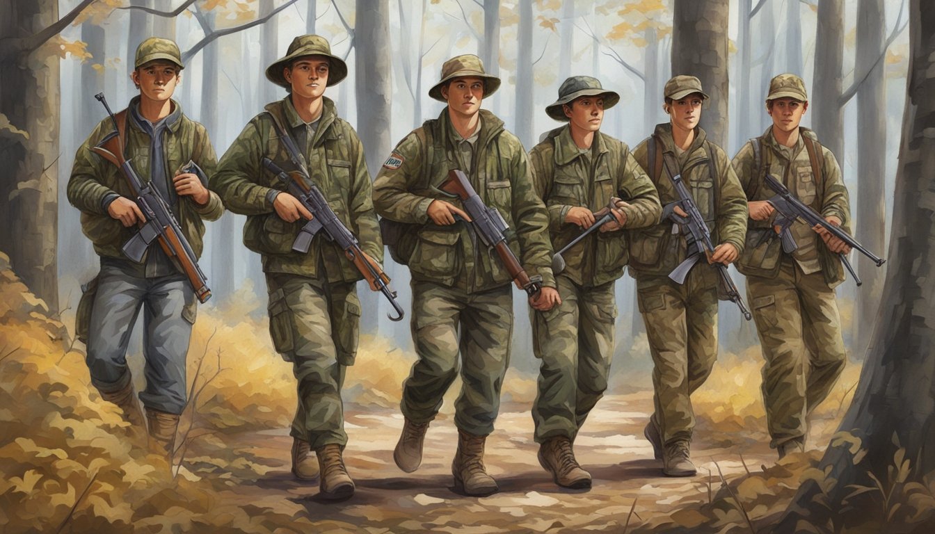 A group of young hunters wearing camouflage jackets and pants, with matching hats and boots, carrying rifles and walking through a wooded area