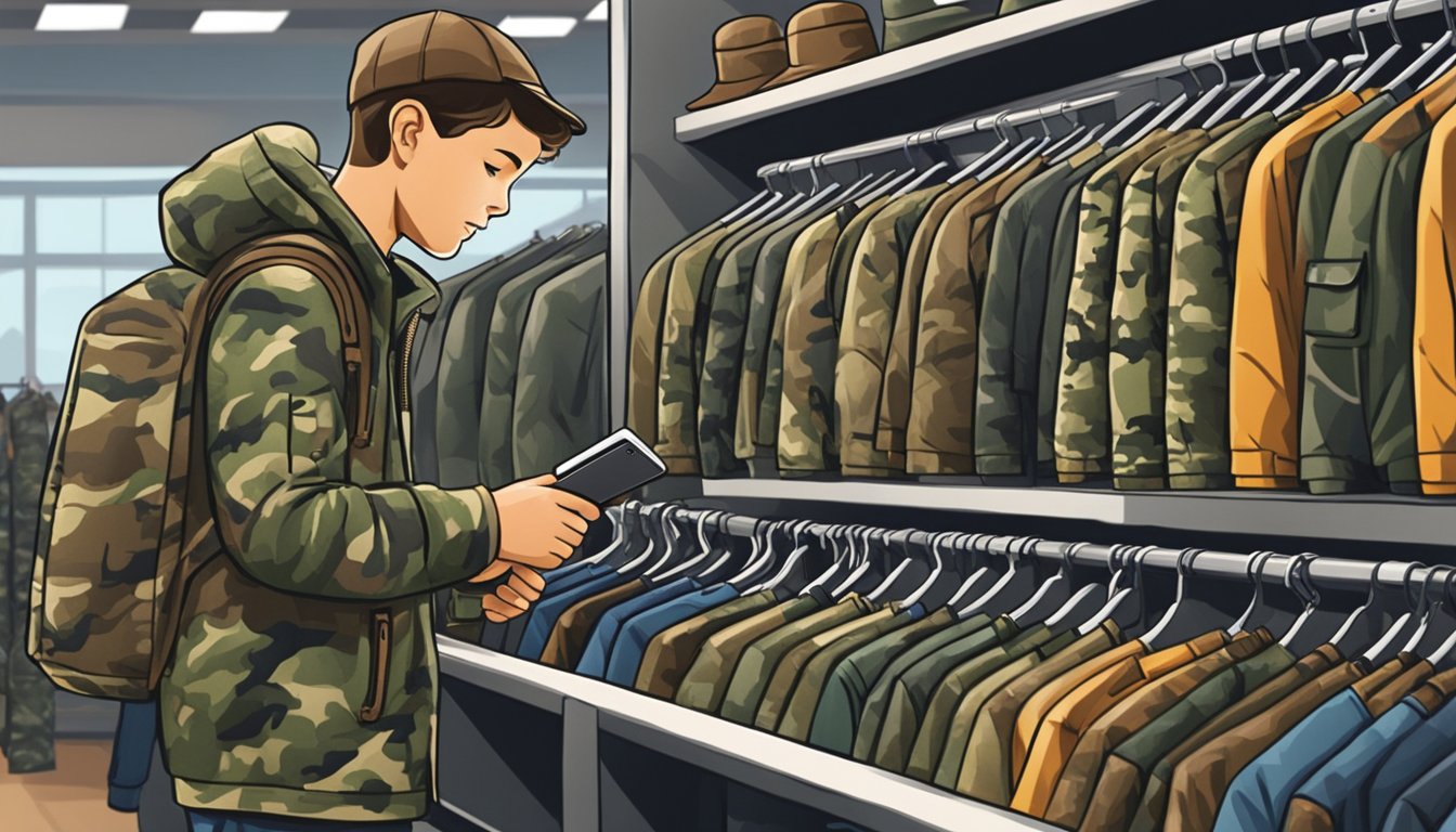 A young hunter browsing through a rack of camo jackets and pants at a youth hunting clothing sale