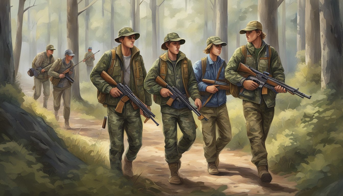 A group of young hunters dressed in camouflage jackets and pants, wearing hats and boots, carrying rifles, and walking through a wooded area