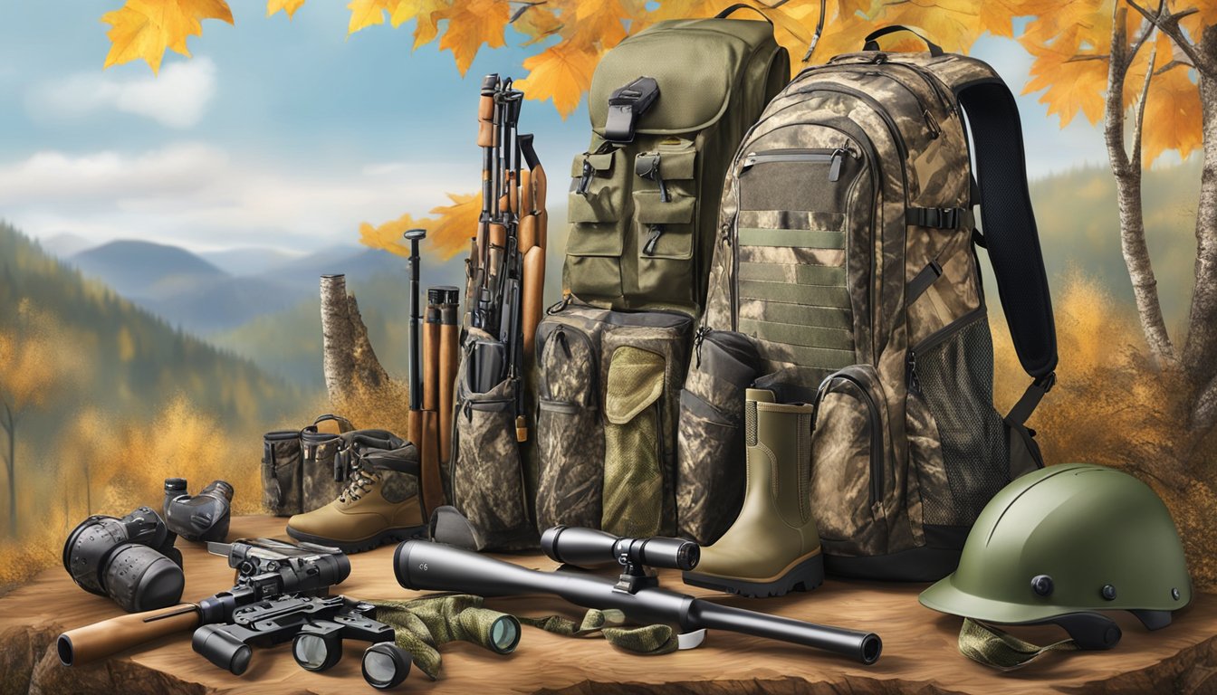 A collection of specialized hunting gear for youth, including camouflage clothing and accessories, displayed in a well-lit outdoor setting