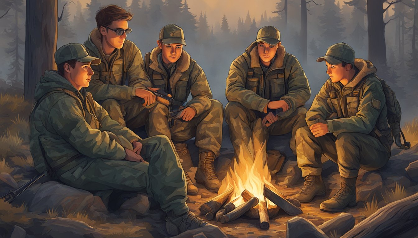 A group of young hunters in camouflage clothing gather around a campfire, sharing inspiring stories of their hunting adventures