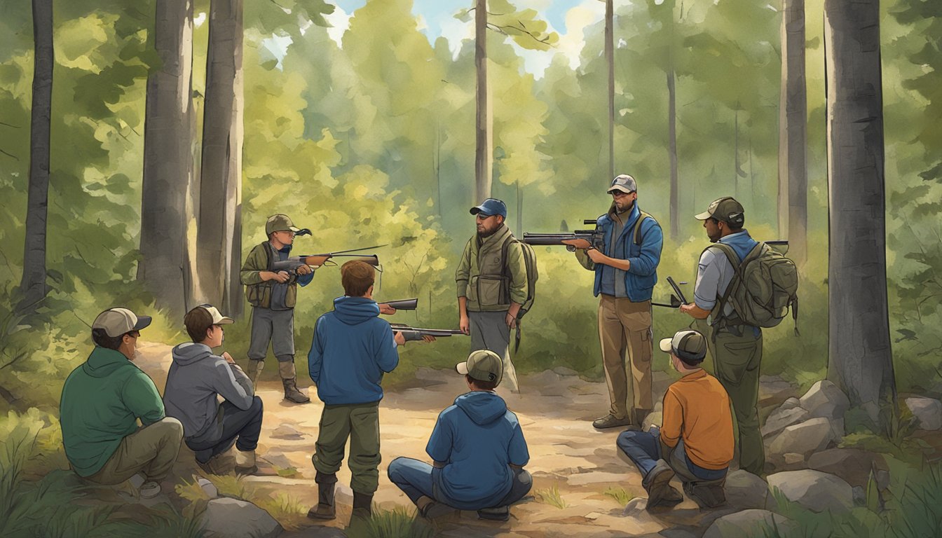 A group of young hunters gather around an instructor in a wooded area, learning about firearm safety and wildlife conservation