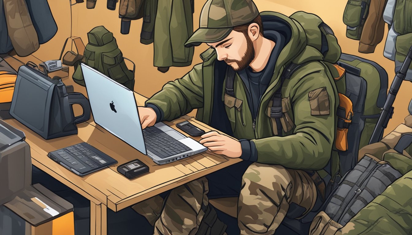 A young hunter browsing an online store for hunting apparel, surrounded by camo jackets, boots, and gear