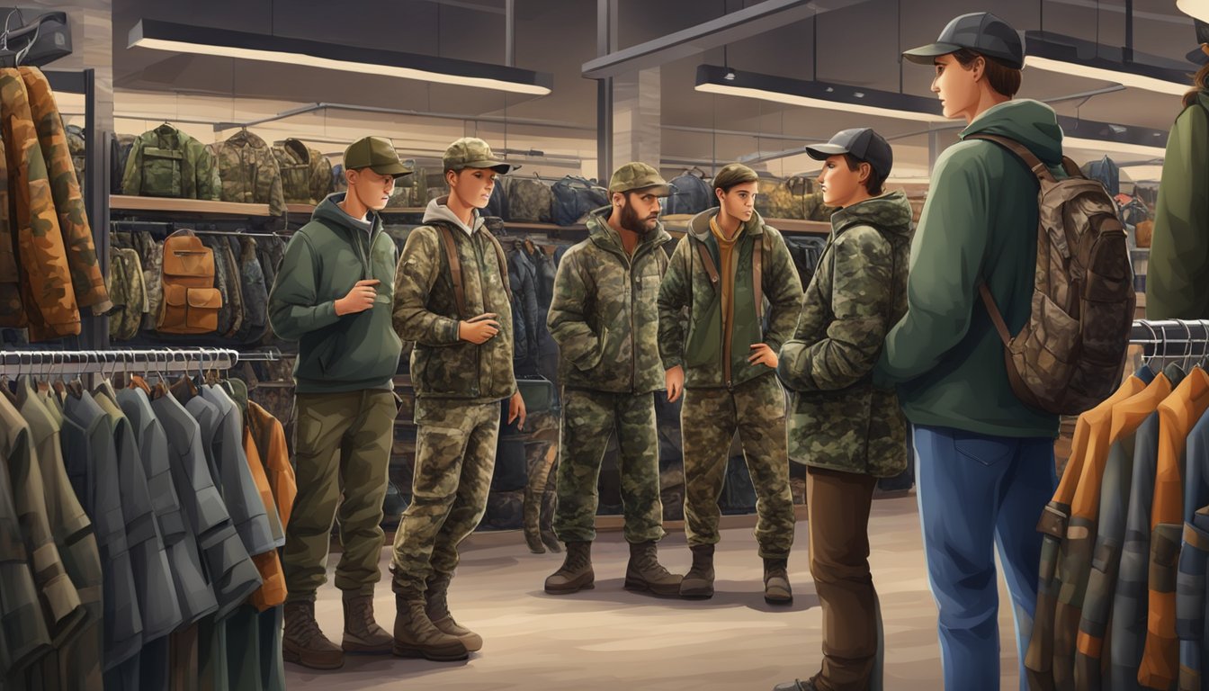 A group of young hunters in camouflage clothing browsing through a sale rack of hunting gear at an outdoor store