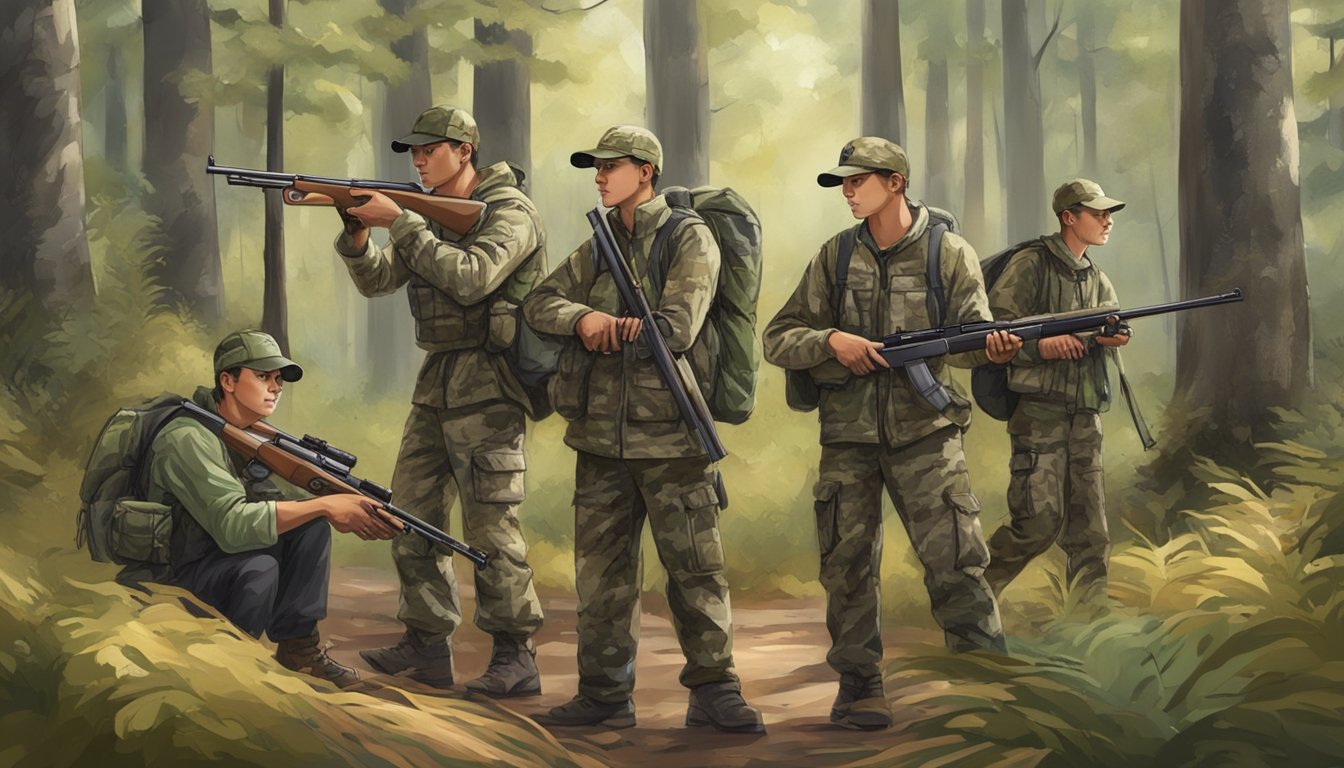 A group of young hunters in camouflage gear, carrying rifles and learning hunting techniques in a forested area with instructors