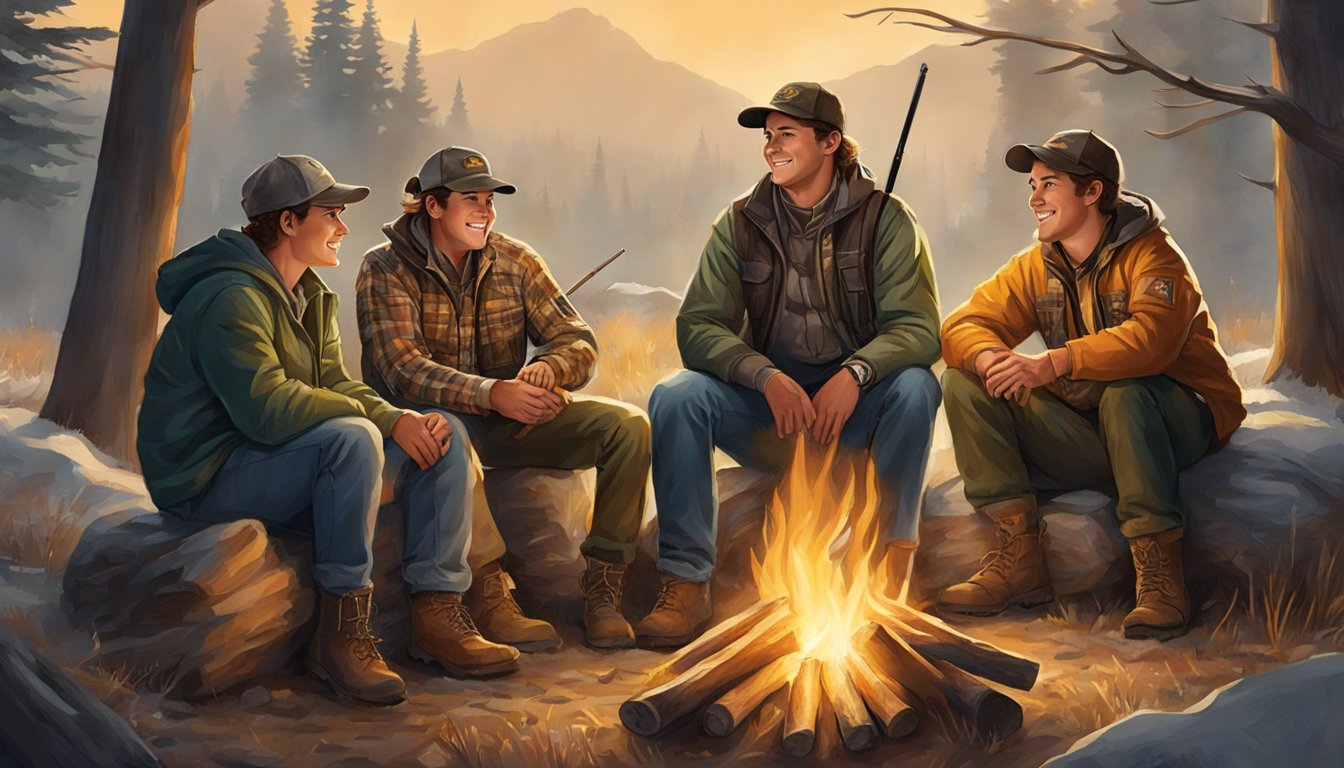 A group of young hunters in Cabela's clothing gather around a campfire, sharing stories and bonding over their shared passion for hunting