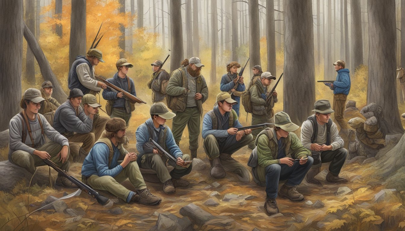 A group of young hunters gather in a wooded area, surrounded by instructors and wildlife, preparing for their final certification exam