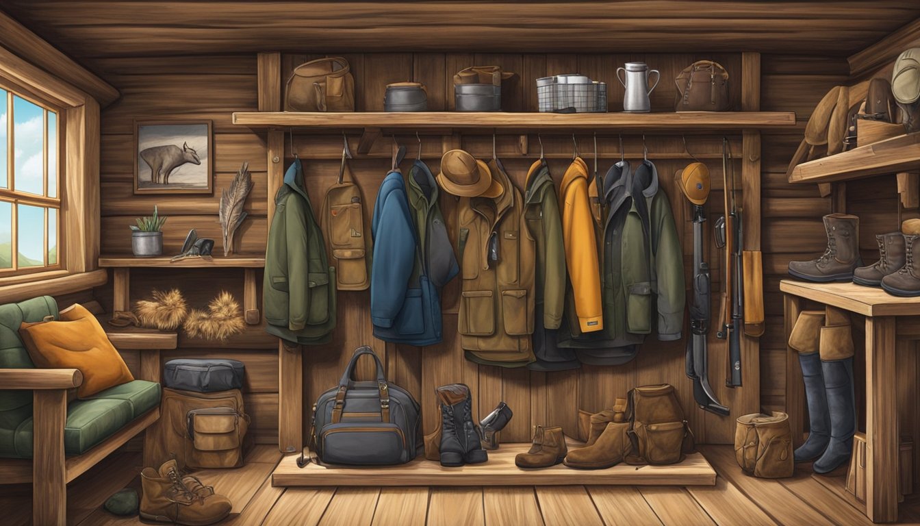 A youth hunting coat hung on a wooden rack in a rustic cabin, surrounded by hunting gear and wildlife-themed decor