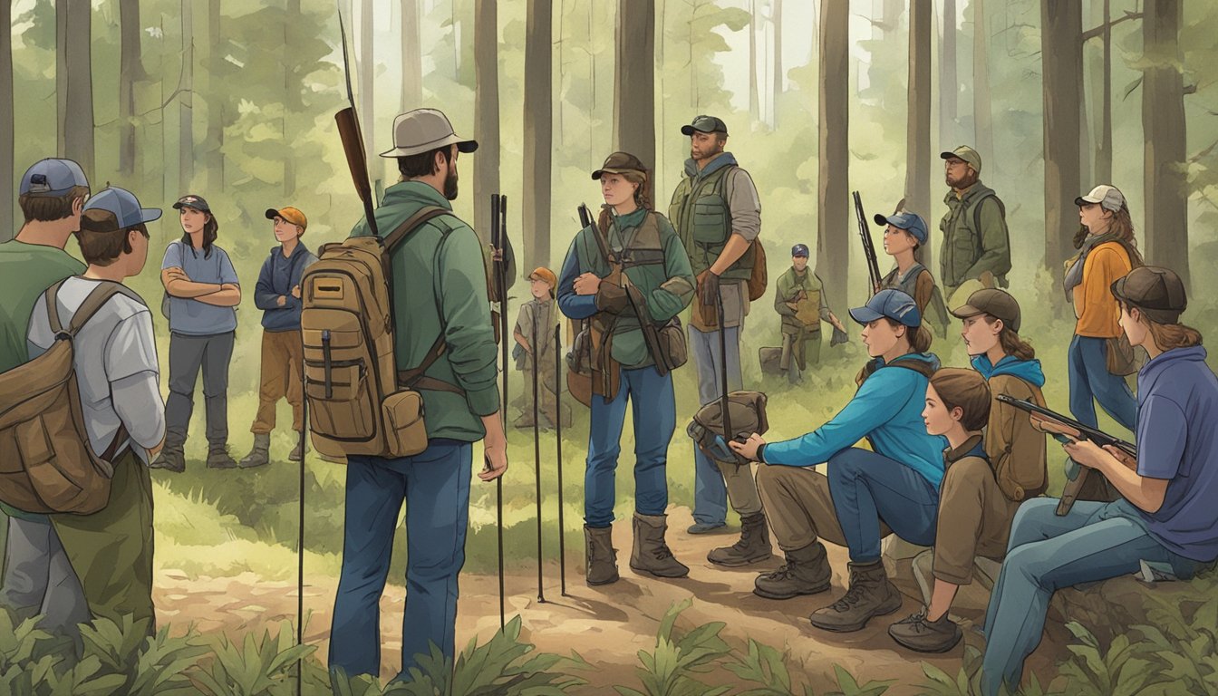 A group of young people gather in a wooded area, surrounded by hunting gear and instructors. They listen intently as they learn about local youth hunting courses