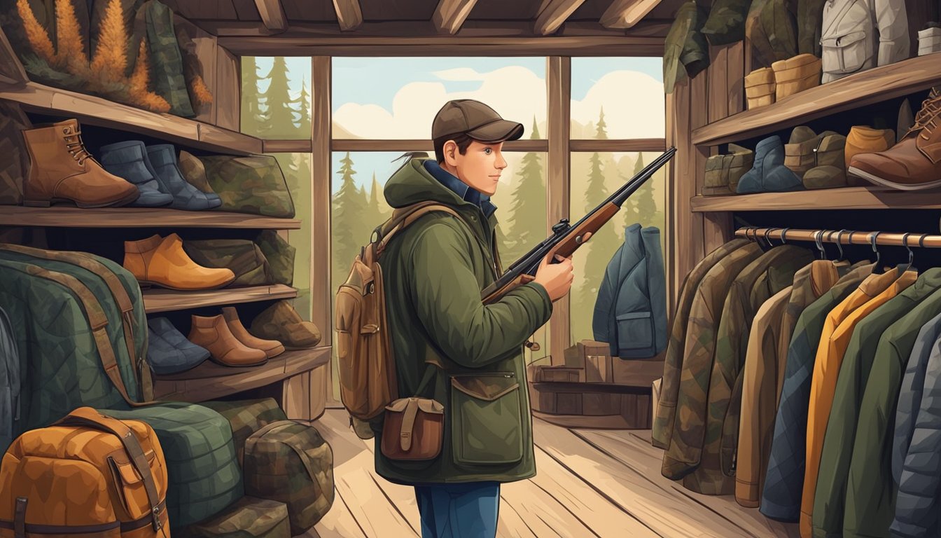 A young hunter tries on different coats in a rustic outdoor store, surrounded by camouflage patterns and hunting gear