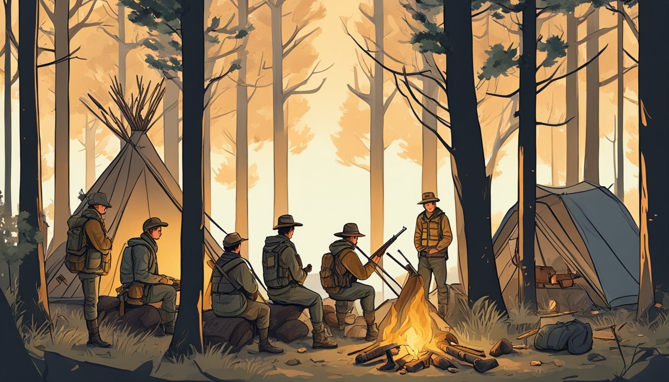 A group of young hunters gather around a campfire, surrounded by trees and wildlife, with hunting gear and rifles nearby