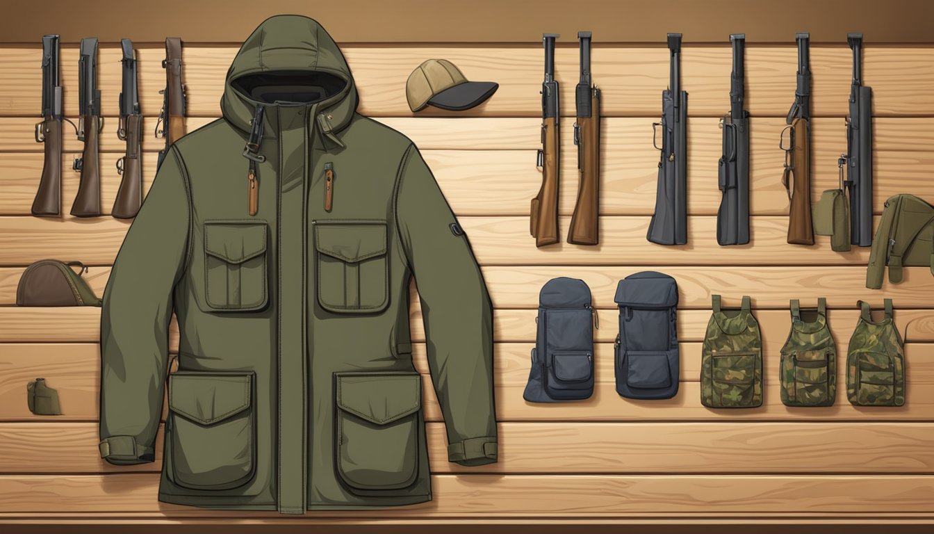 A youth hunting coat hangs on a wooden rack, with reinforced stitching, water-resistant fabric, and multiple pockets for ammunition and gear