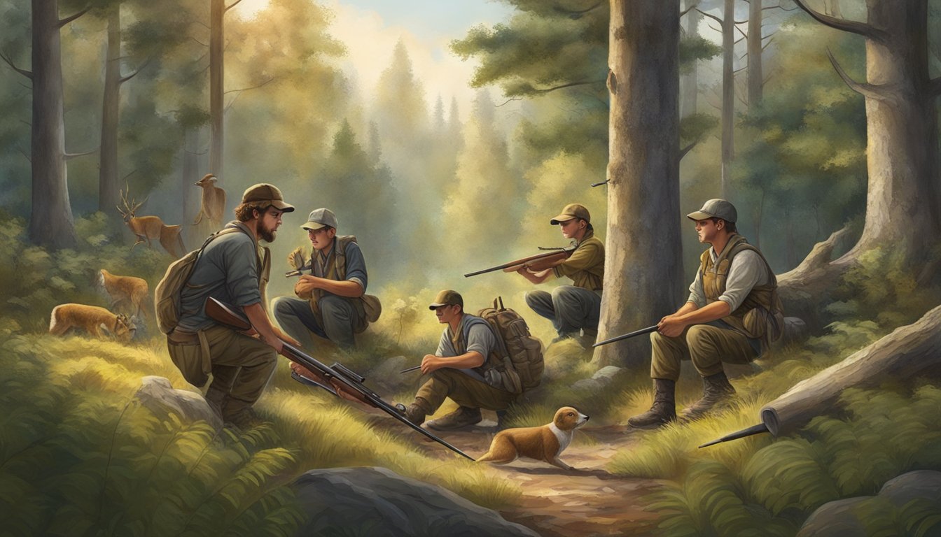 A group of young hunters gather in a forest clearing, surrounded by trees and wildlife. They are engaged in various outdoor activities, learning and practicing hunting skills under the guidance of experienced mentors