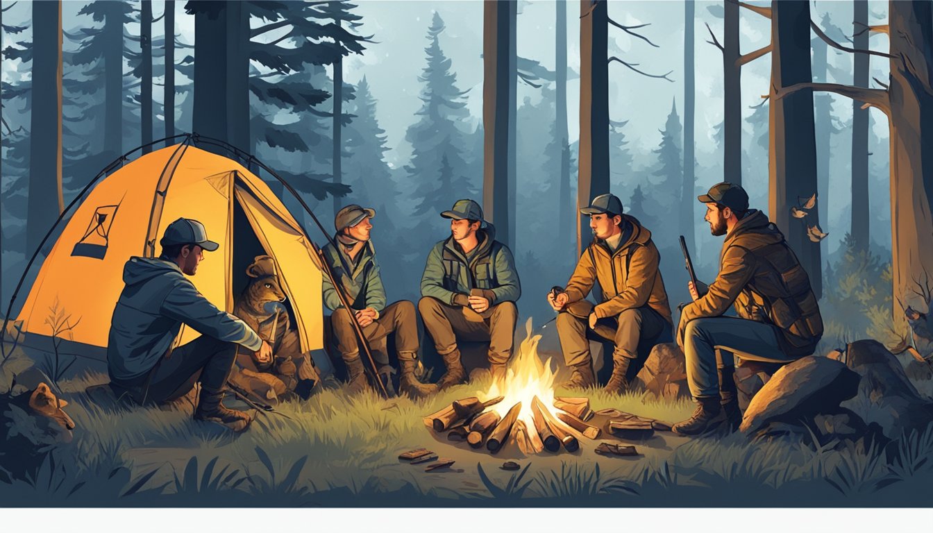 A group of young hunters gather around a campfire, surrounded by trees and wildlife, while discussing their latest hunting adventures