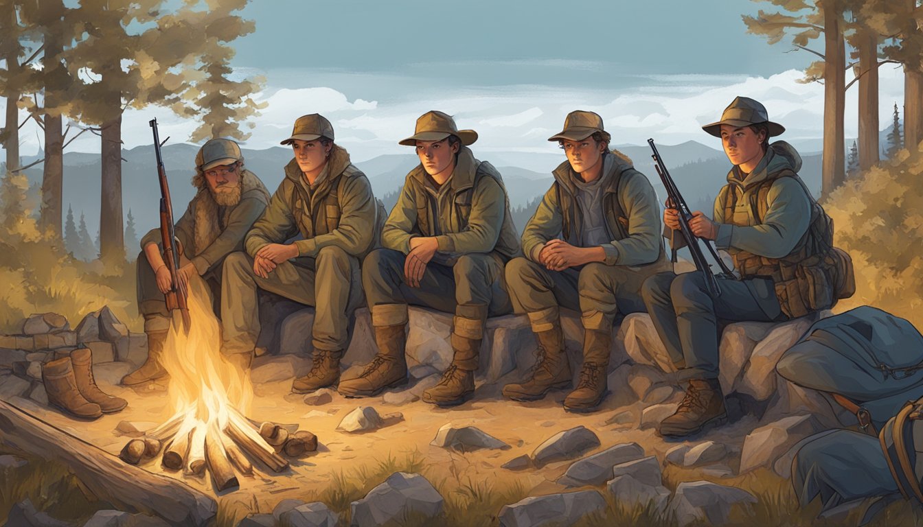 A group of young hunters gather around a campfire, their gear and rifles scattered around. A map of the hunting grounds is spread out on a nearby table