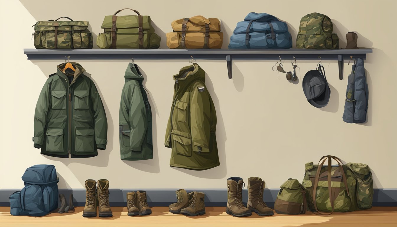 A hunting coat hanging on a hook, surrounded by outdoor gear and camouflage clothing, with a pair of boots on the floor