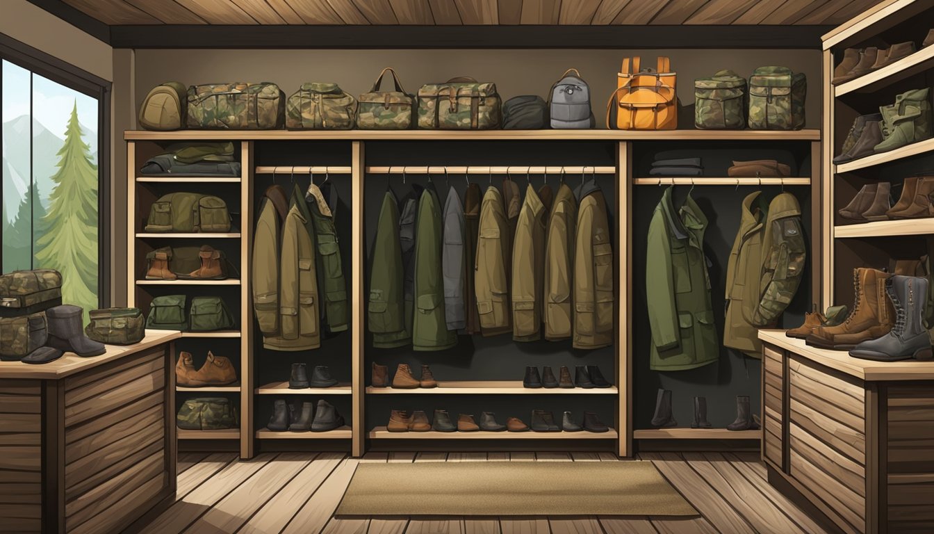 A rustic outdoor store with shelves of youth hunting coats in various sizes and patterns, displayed next to camouflage gear and hunting accessories