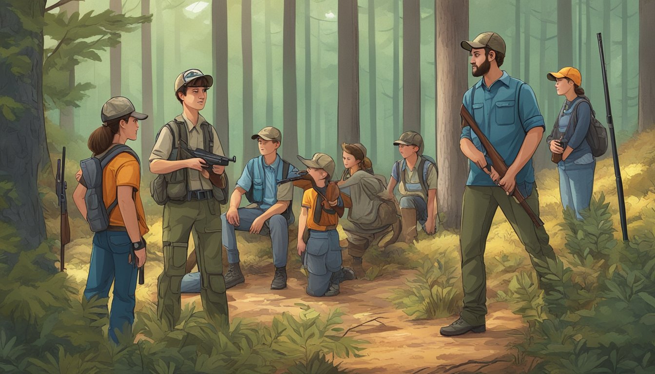 A group of young hunters gather around an instructor, learning about firearm safety and wildlife conservation in a forest clearing