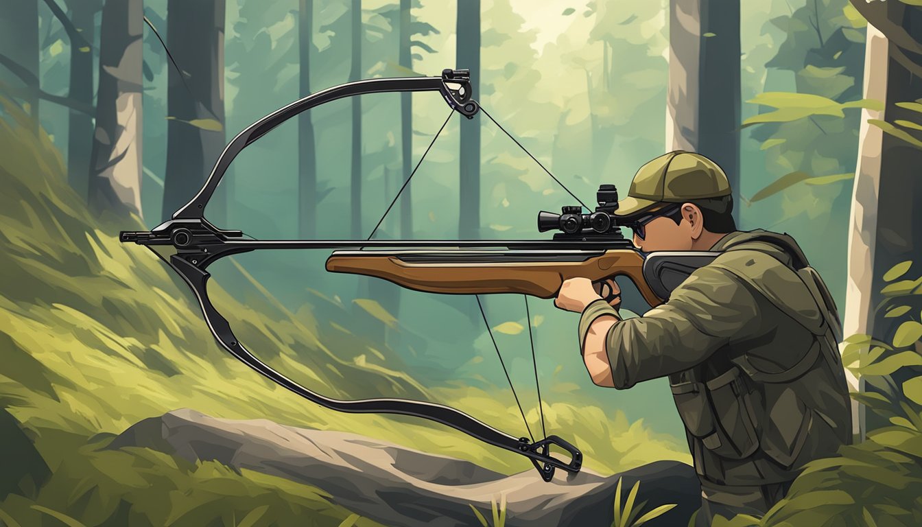 A youth hunting crossbow with safety features: grip, trigger, and sight, set against a backdrop of forest and wildlife