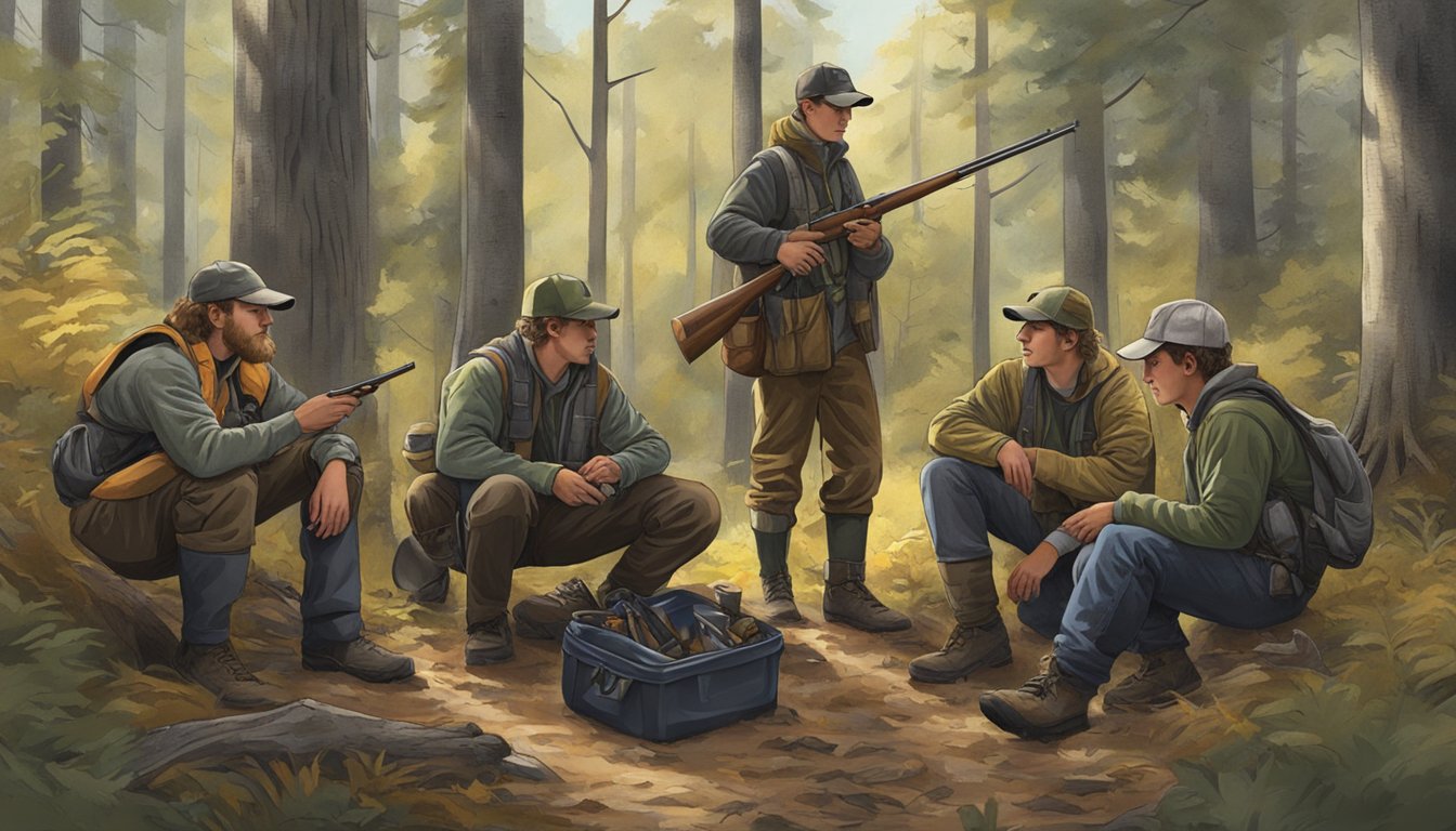 A group of young hunters gather in a wooded area, preparing their gear and discussing safety measures before heading out for a hunt