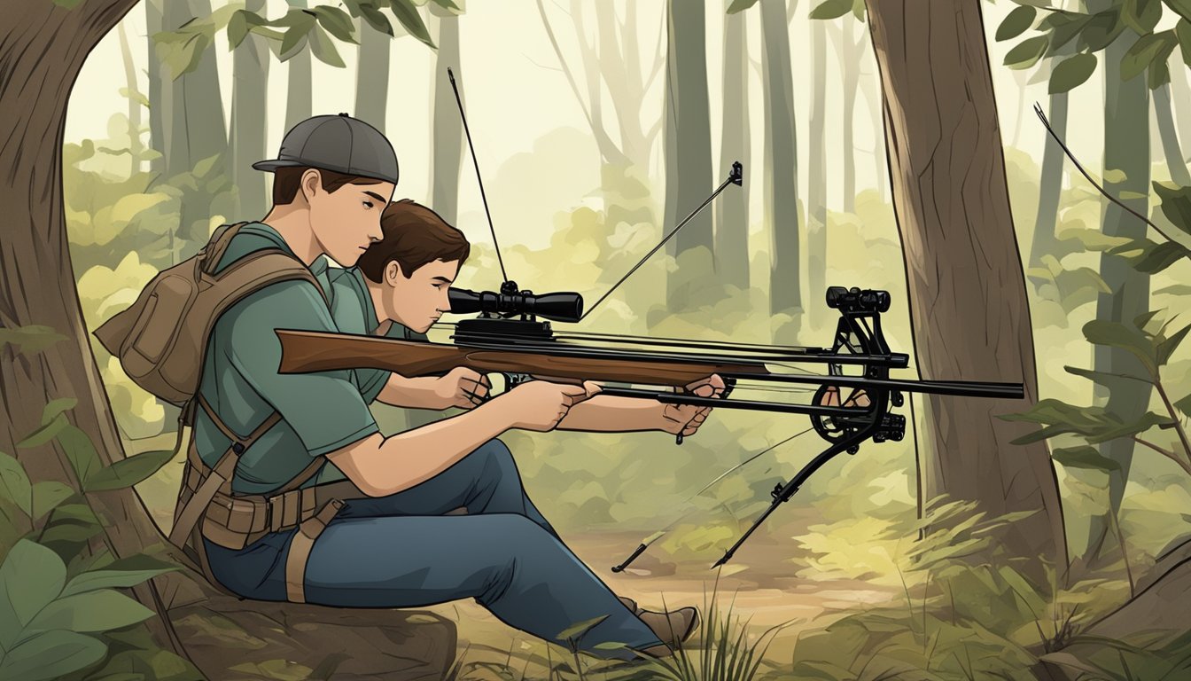 A youth hunting crossbow being adjusted and handled in a wooded setting, with arrows and targets nearby