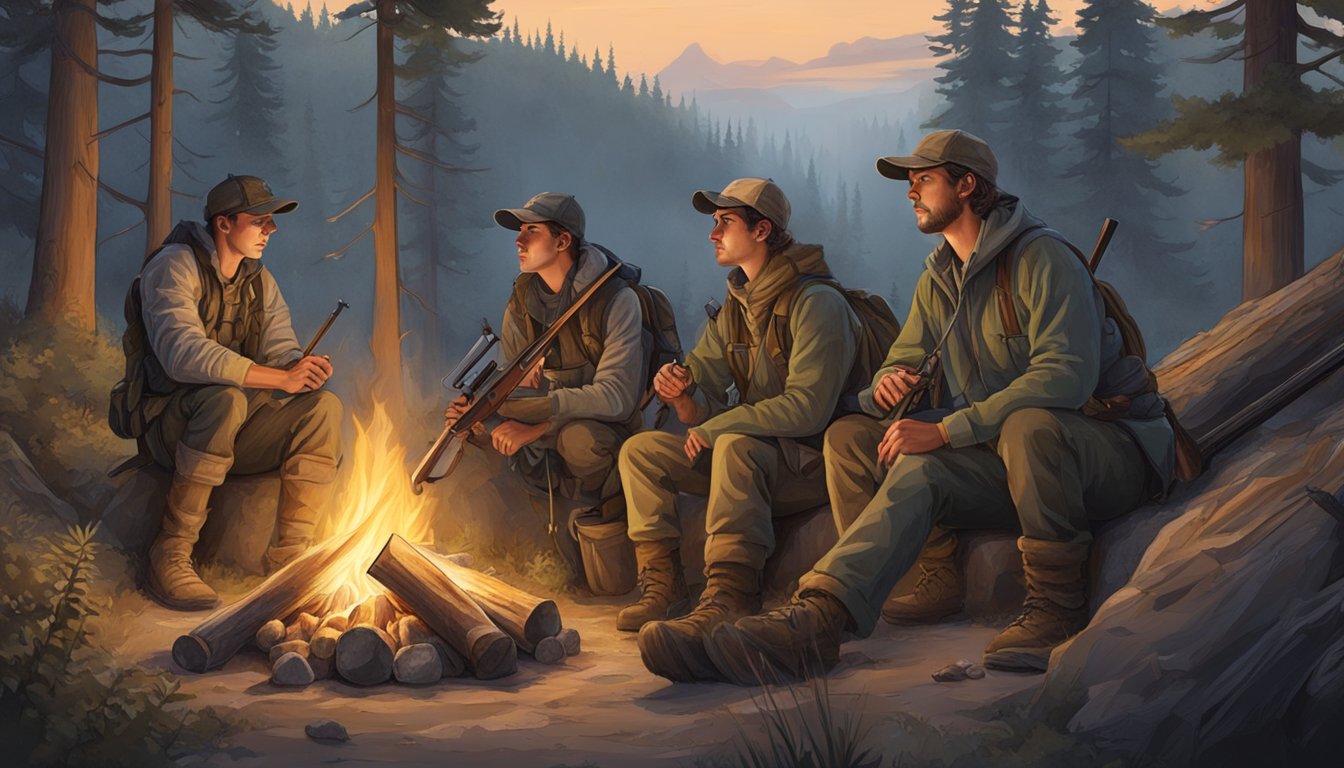 A group of young hunters gather around a campfire, surrounded by the wilderness, with their gear and rifles nearby