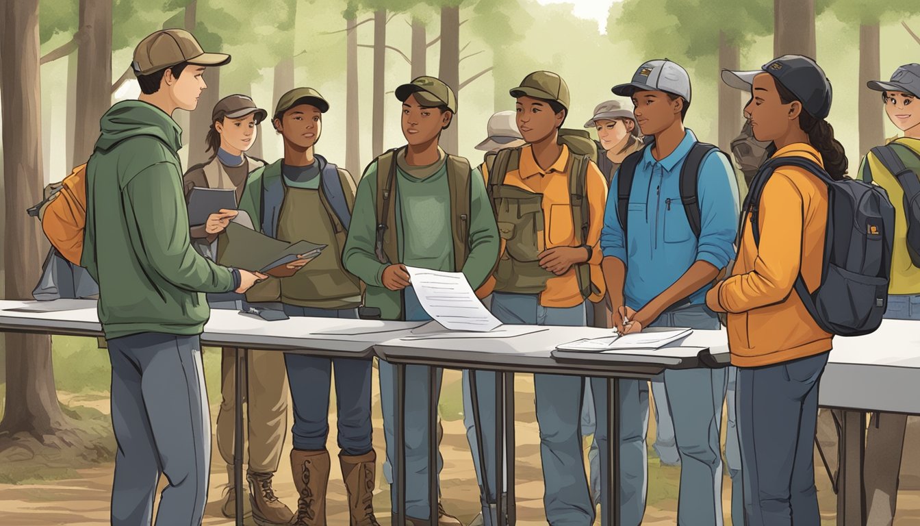 A group of young individuals standing in line, filling out forms, and talking to instructors at a registration table for a youth hunting course