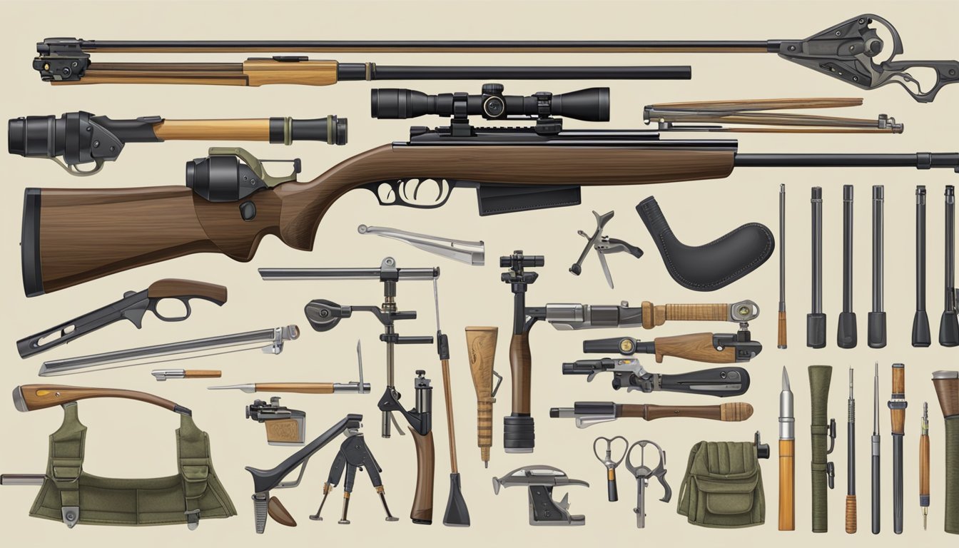 A table displaying a variety of youth hunting crossbows, alongside a selection of maintenance tools and accessories