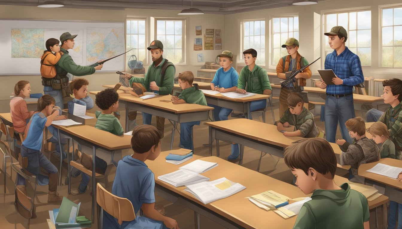 A group of young hunters learning about safety and ethics in a classroom setting, surrounded by hunting gear and educational materials