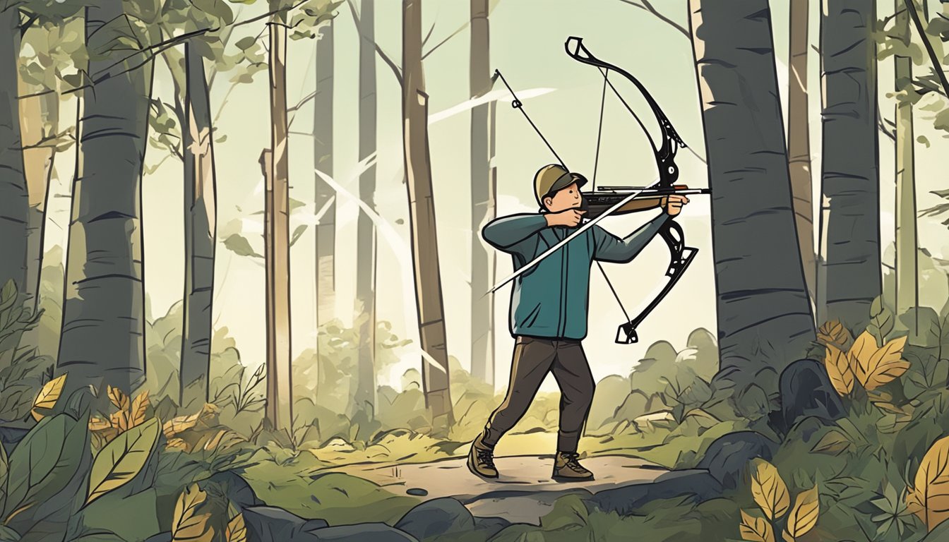 A youth stands in a wooded area, aiming a crossbow at a target. Arrows are scattered around, showing practice and skill development