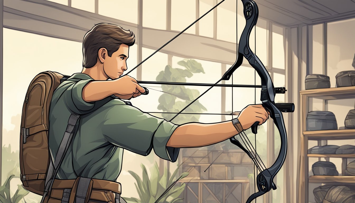 A young archer carefully selects a hunting compound bow from a display of various options, examining the details and considering the best fit for their needs