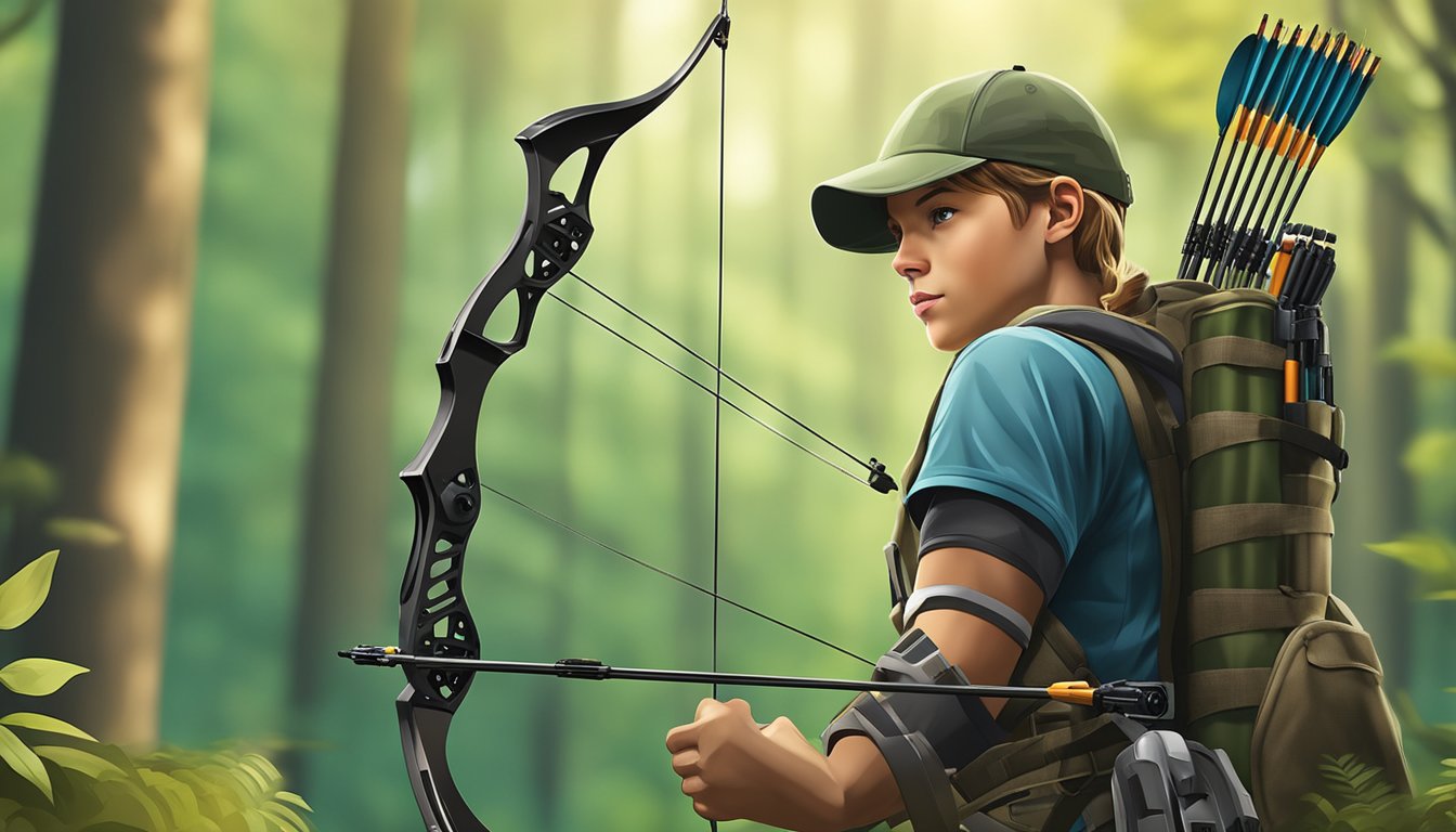 A youth hunting compound bow surrounded by essential accessories like arrows, quiver, arm guard, and release aid, set against a backdrop of a forest