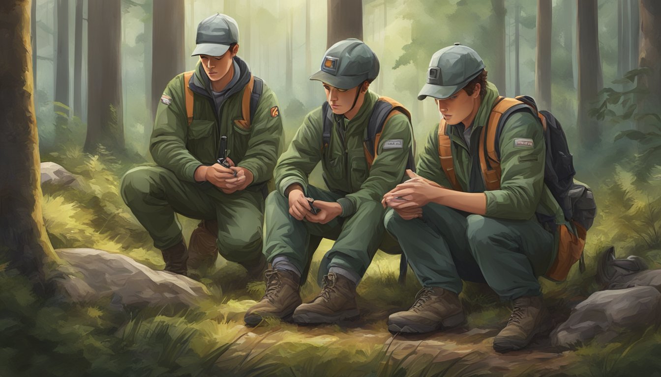 A group of young hunters practice first aid and emergency procedures in a forest clearing