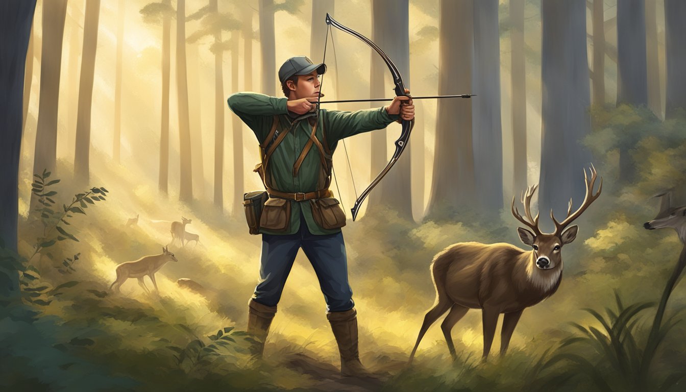 A young hunter aiming a bow at a deer in a forest clearing