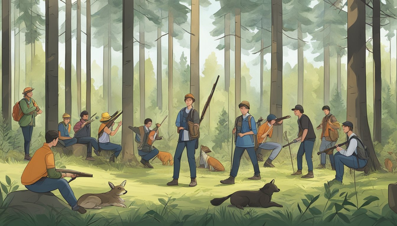 A group of young people gather in a forest clearing, surrounded by trees and wildlife. An instructor demonstrates hunting techniques while the students listen attentively