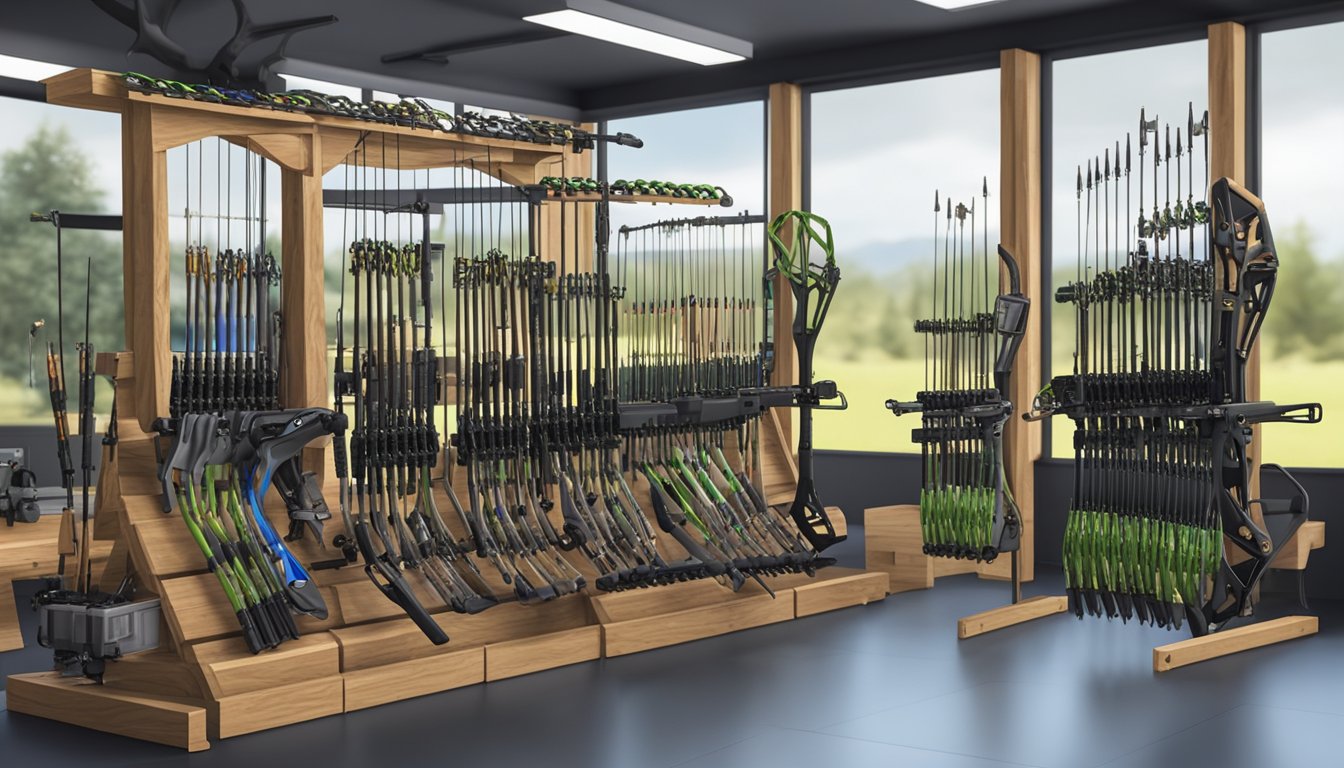 A group of youth hunting compound bows arranged neatly on a rack. Safety gear and maintenance tools are displayed nearby