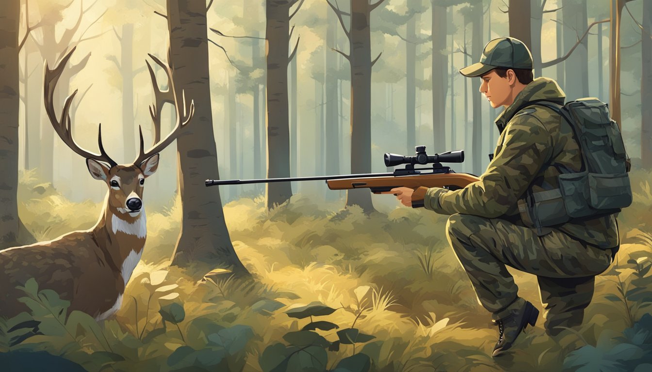 A young hunter in camouflage aims a rifle at a deer in a forest clearing. A mentor stands nearby, offering guidance