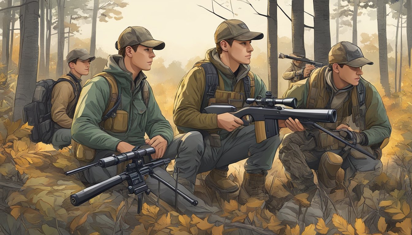 A group of young hunters with advanced gear and equipment preparing to track and hunt deer in a wooded area