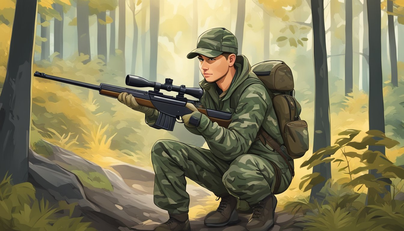 A young hunter in camouflage coveralls crouches in the forest, rifle in hand, eyes focused on the target