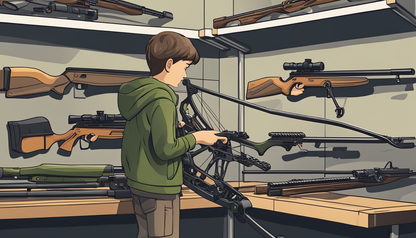 A young person carefully choosing a youth hunting crossbow from a display of various models and accessories in a well-lit outdoor equipment store