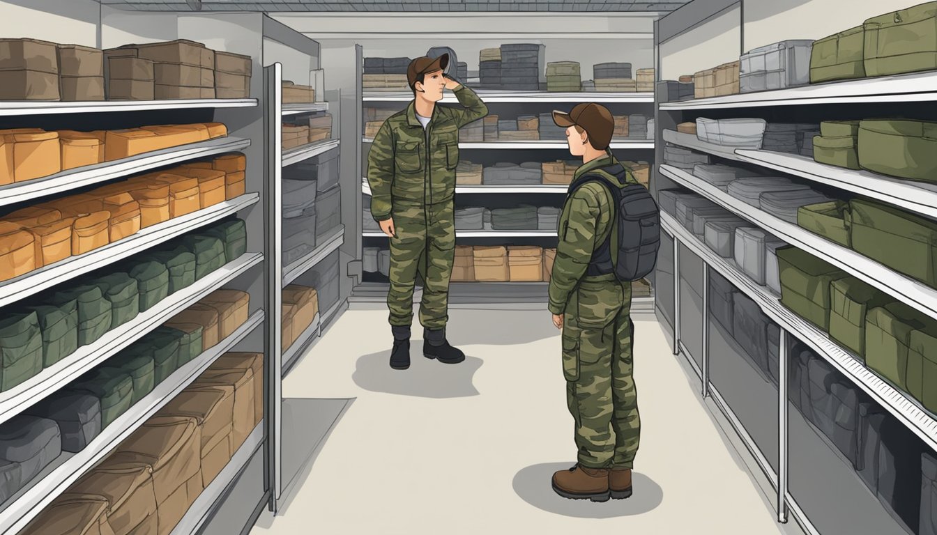 A young hunter stands in a store aisle, comparing different sizes of coveralls. The shelves are stocked with various options in camouflage patterns