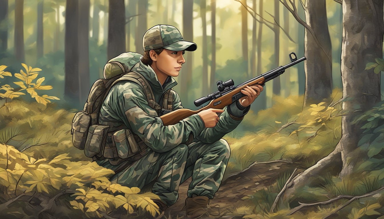 A young hunter wearing camouflage coveralls crouches in a wooded area, holding a rifle and scanning the horizon