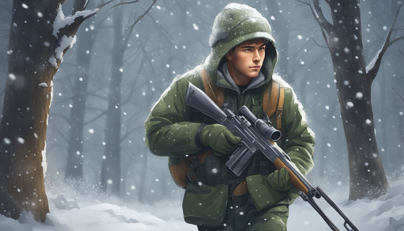 A young hunter wearing protective coveralls in a wooded area during a snowstorm. Snowflakes are falling, and the hunter is carrying a rifle