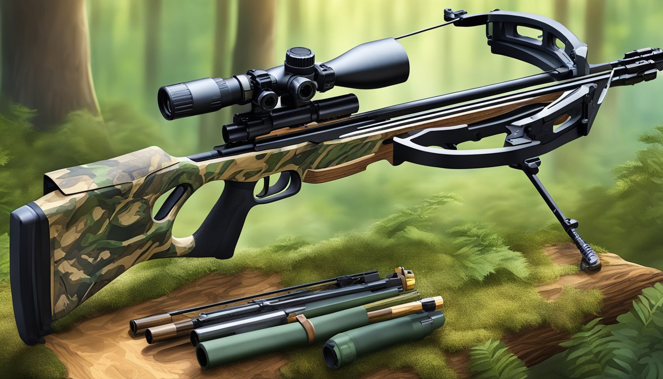 A youth hunting crossbow with various accessories and enhancements, such as a scope, quiver, and camouflage pattern, displayed against a woodland backdrop