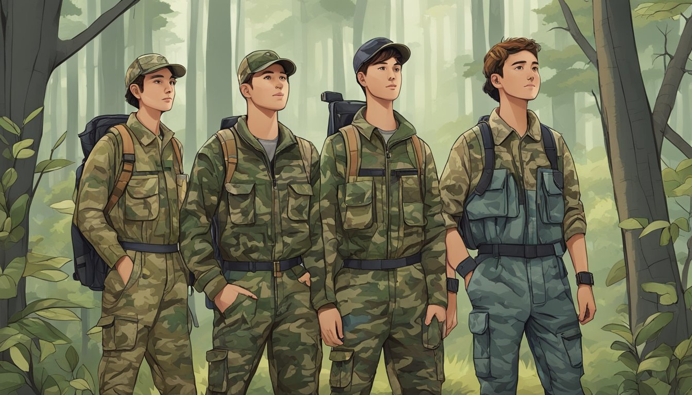 A group of youths wearing camouflage coveralls in various styles and patterns, standing in a forest clearing with hunting gear