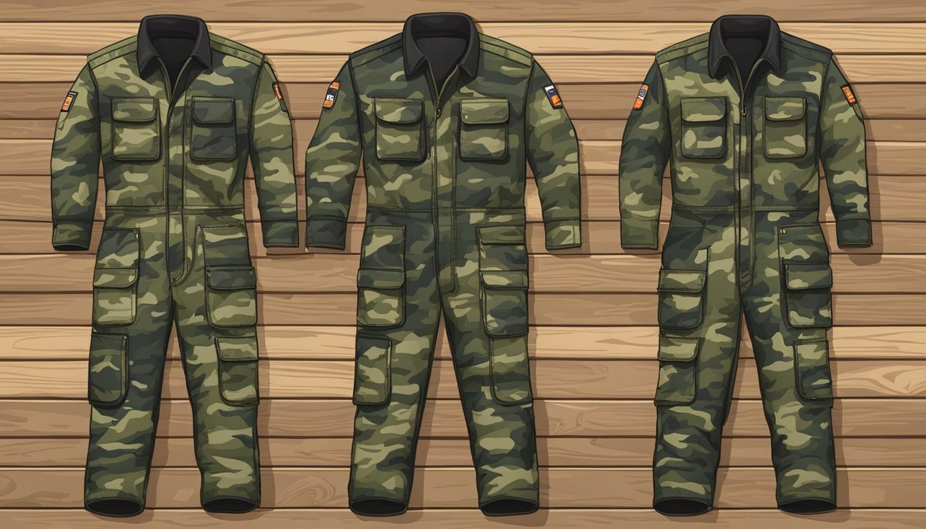 A pair of youth hunting coveralls hanging on a rustic wooden fence post, with a camouflage pattern and multiple pockets for practical use