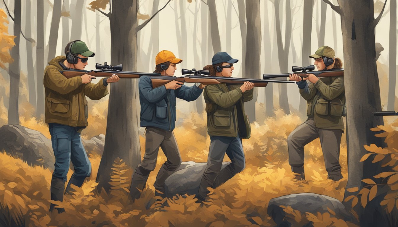 A group of young hunters wearing ear protection while shooting in a wooded area