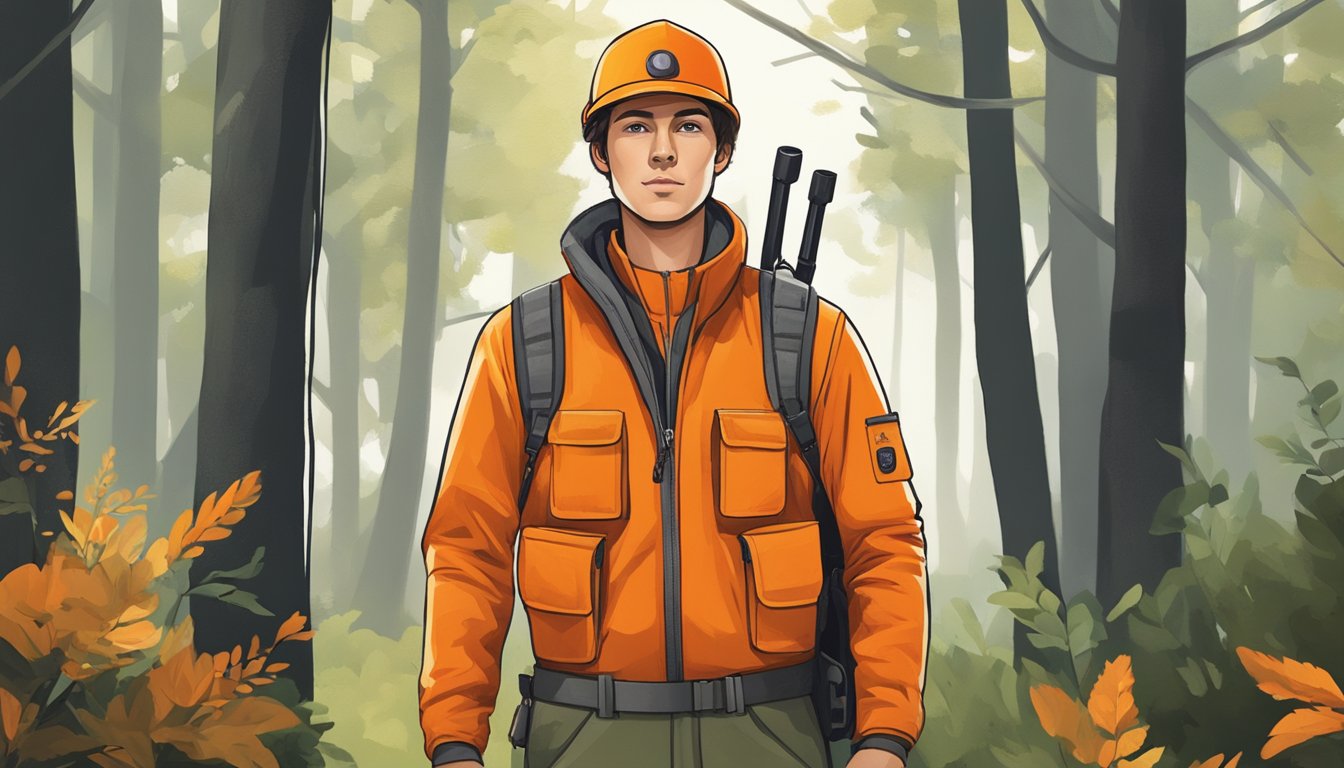 A young hunter wearing coveralls with integrated safety gear, including a bright orange vest and a sturdy helmet, standing in a wooded hunting area